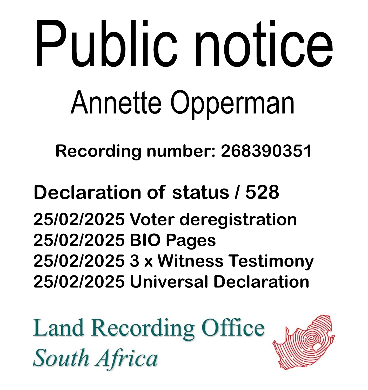 Public Notice Annette Opperman (c) Recording number 268390351